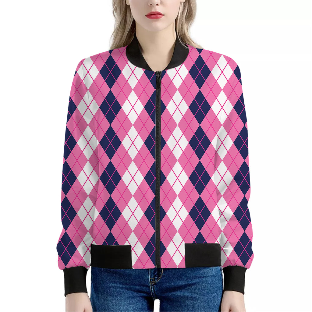 Pink White And Blue Argyle Pattern Print Women's Bomber Jacket