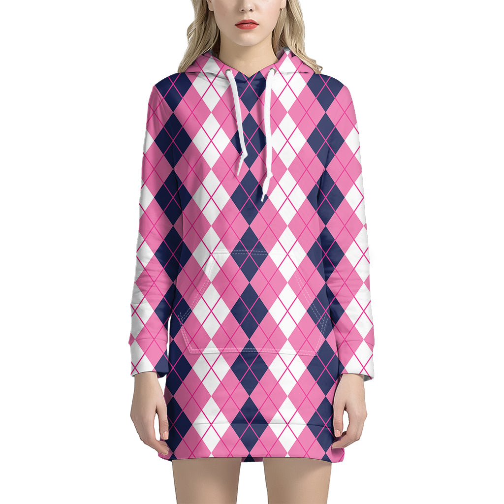 Pink White And Blue Argyle Pattern Print Women's Pullover Hoodie Dress