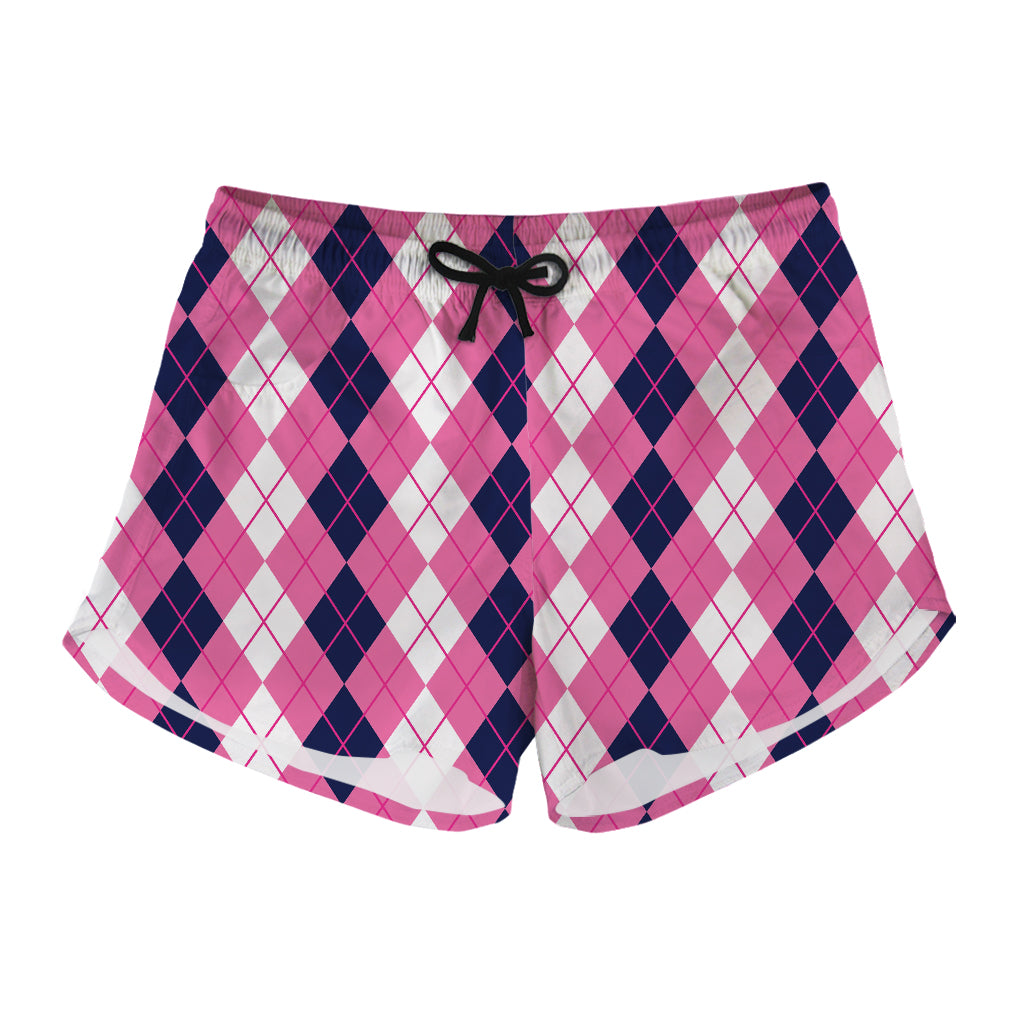 Pink White And Blue Argyle Pattern Print Women's Shorts