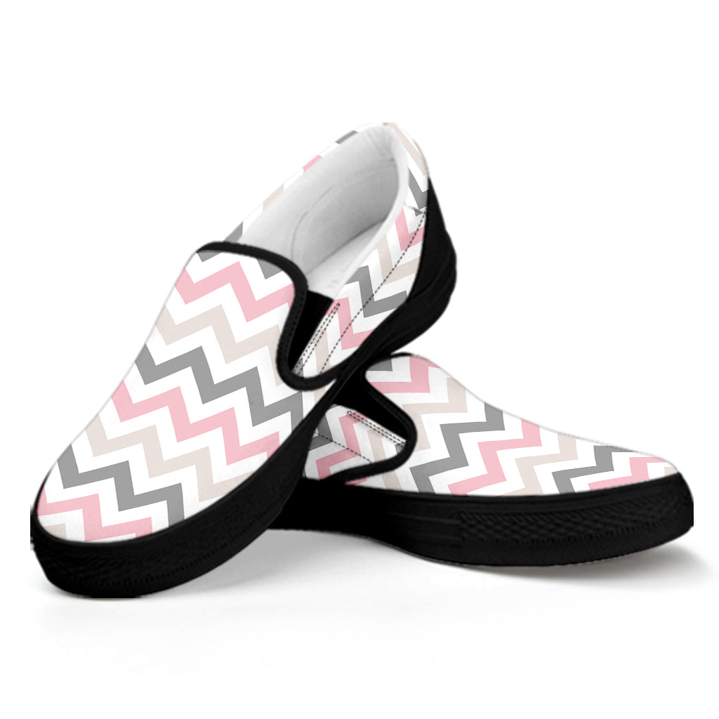 Pink White And Grey Chevron Print Black Slip On Shoes