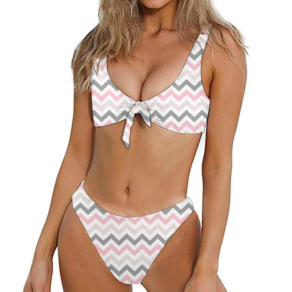 Pink White And Grey Chevron Print Front Bow Tie Bikini