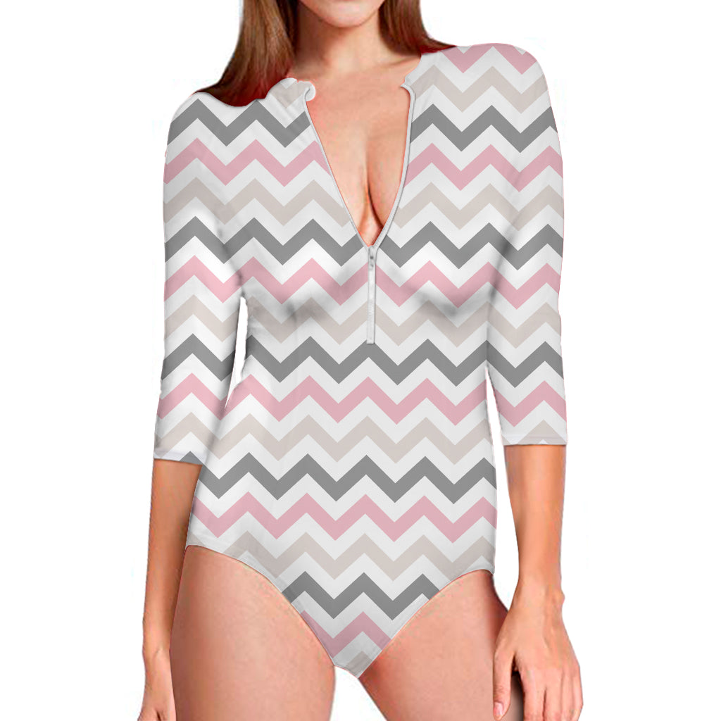 Pink White And Grey Chevron Print Long Sleeve One Piece Swimsuit