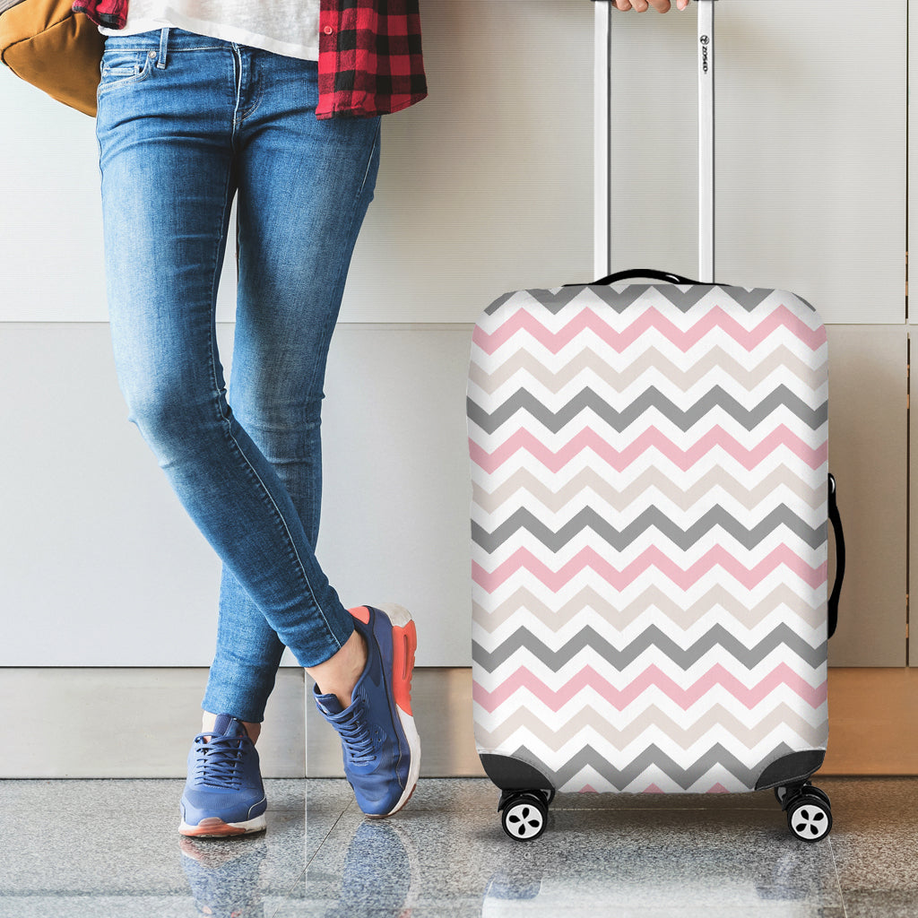 Pink White And Grey Chevron Print Luggage Cover