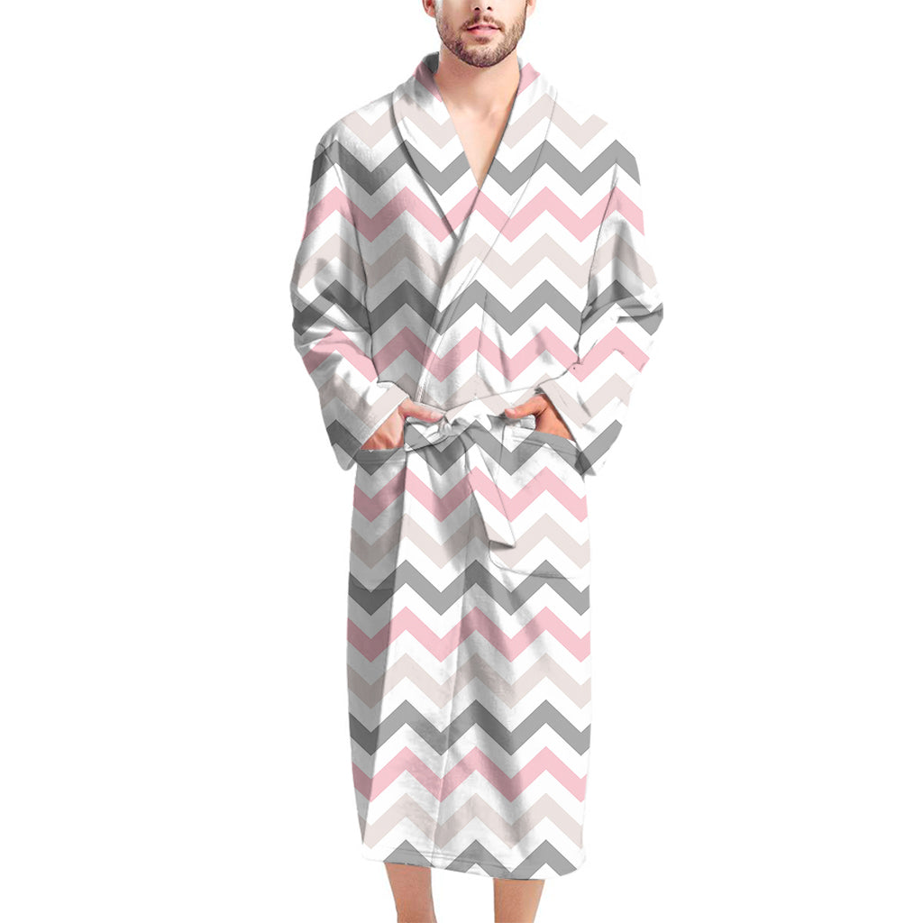 Pink White And Grey Chevron Print Men's Bathrobe