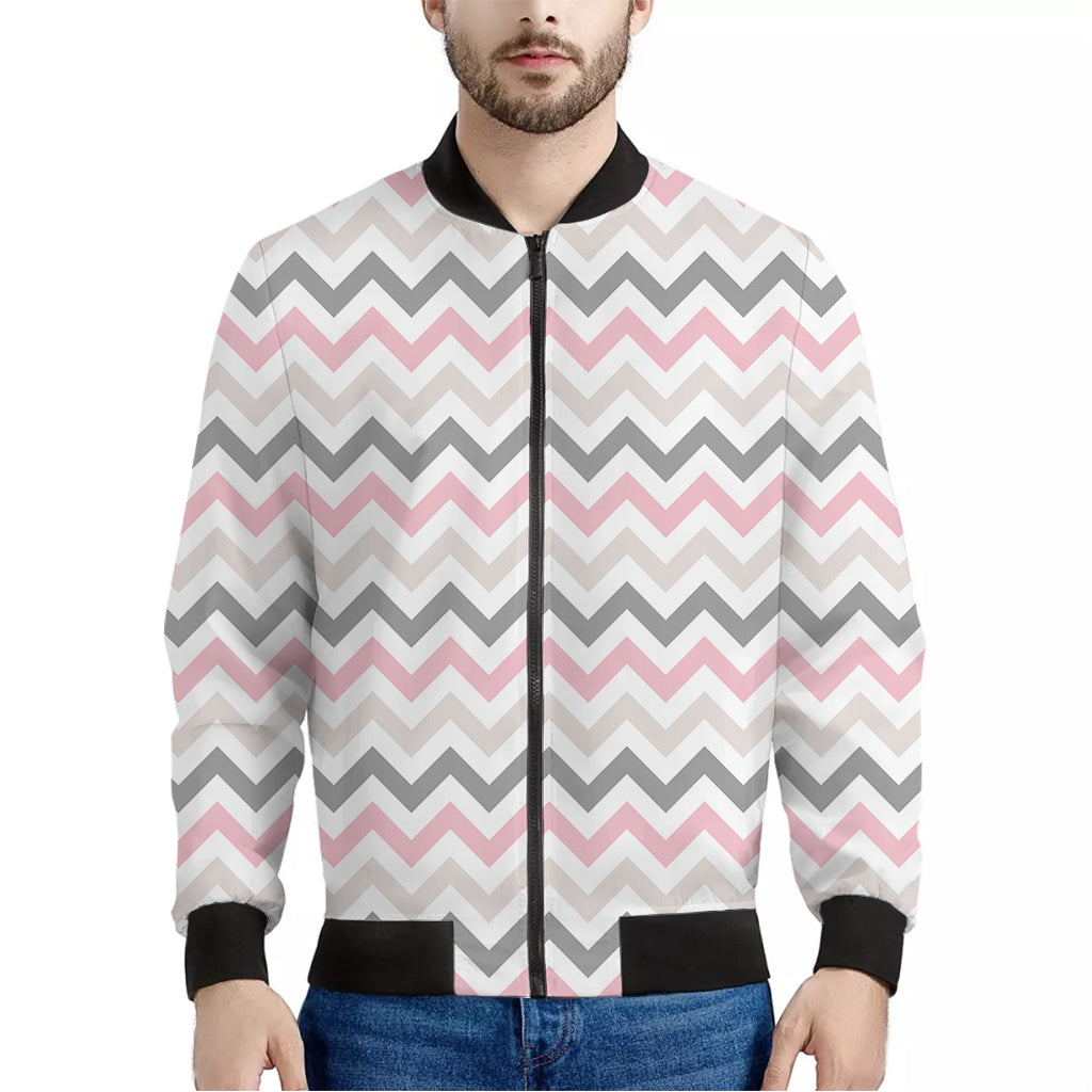 Pink White And Grey Chevron Print Men's Bomber Jacket