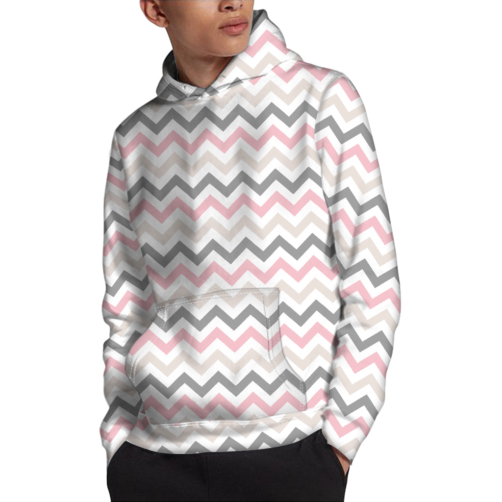 Pink White And Grey Chevron Print Pullover Hoodie