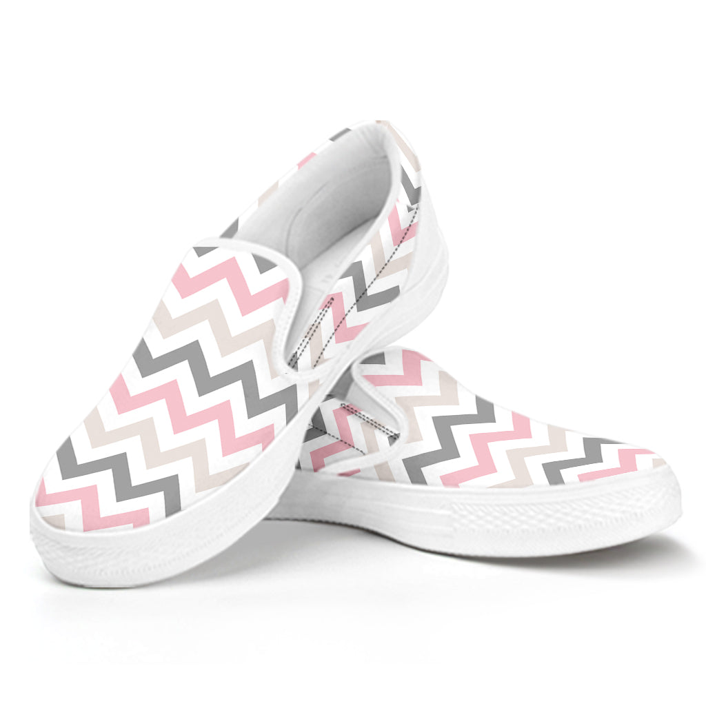 Pink White And Grey Chevron Print White Slip On Shoes