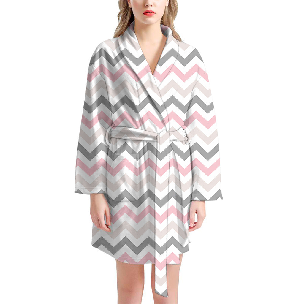 Pink White And Grey Chevron Print Women's Bathrobe