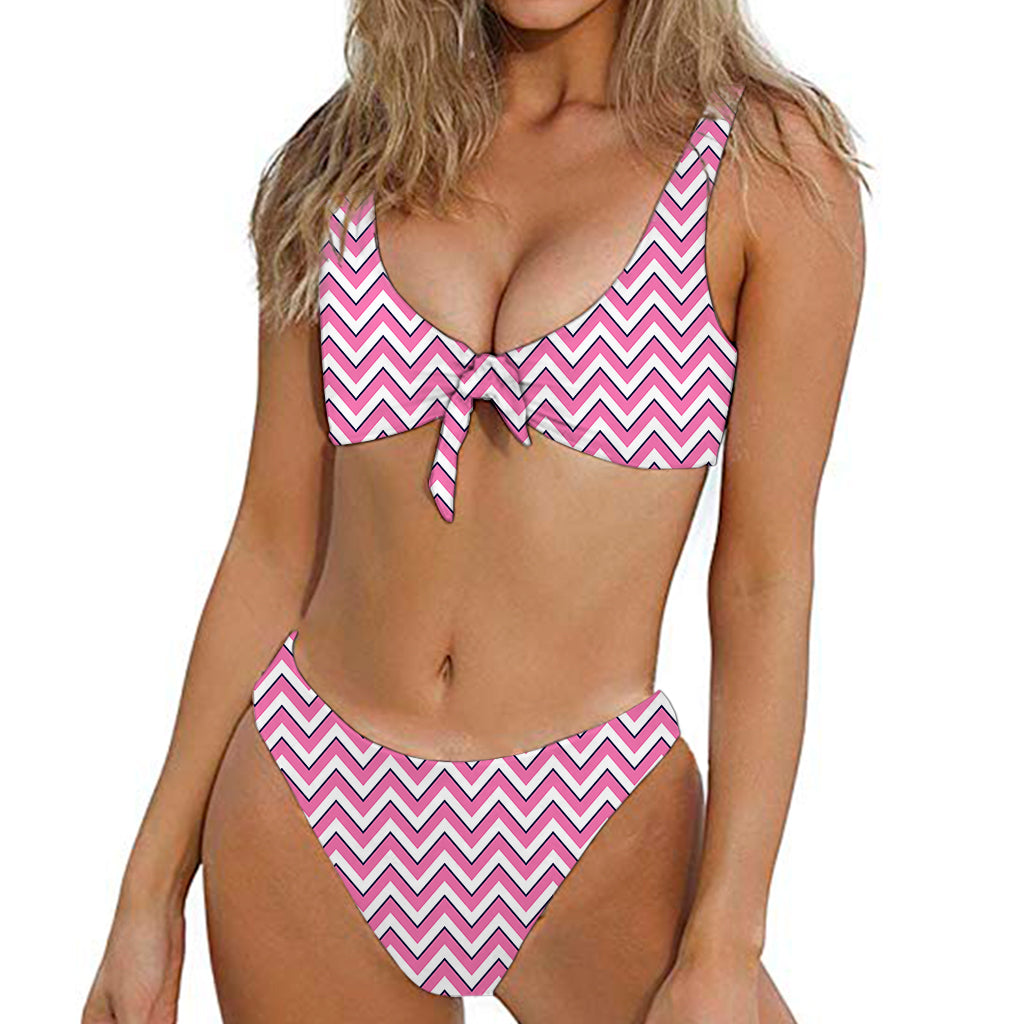 Pink White And Navy Chevron Print Front Bow Tie Bikini