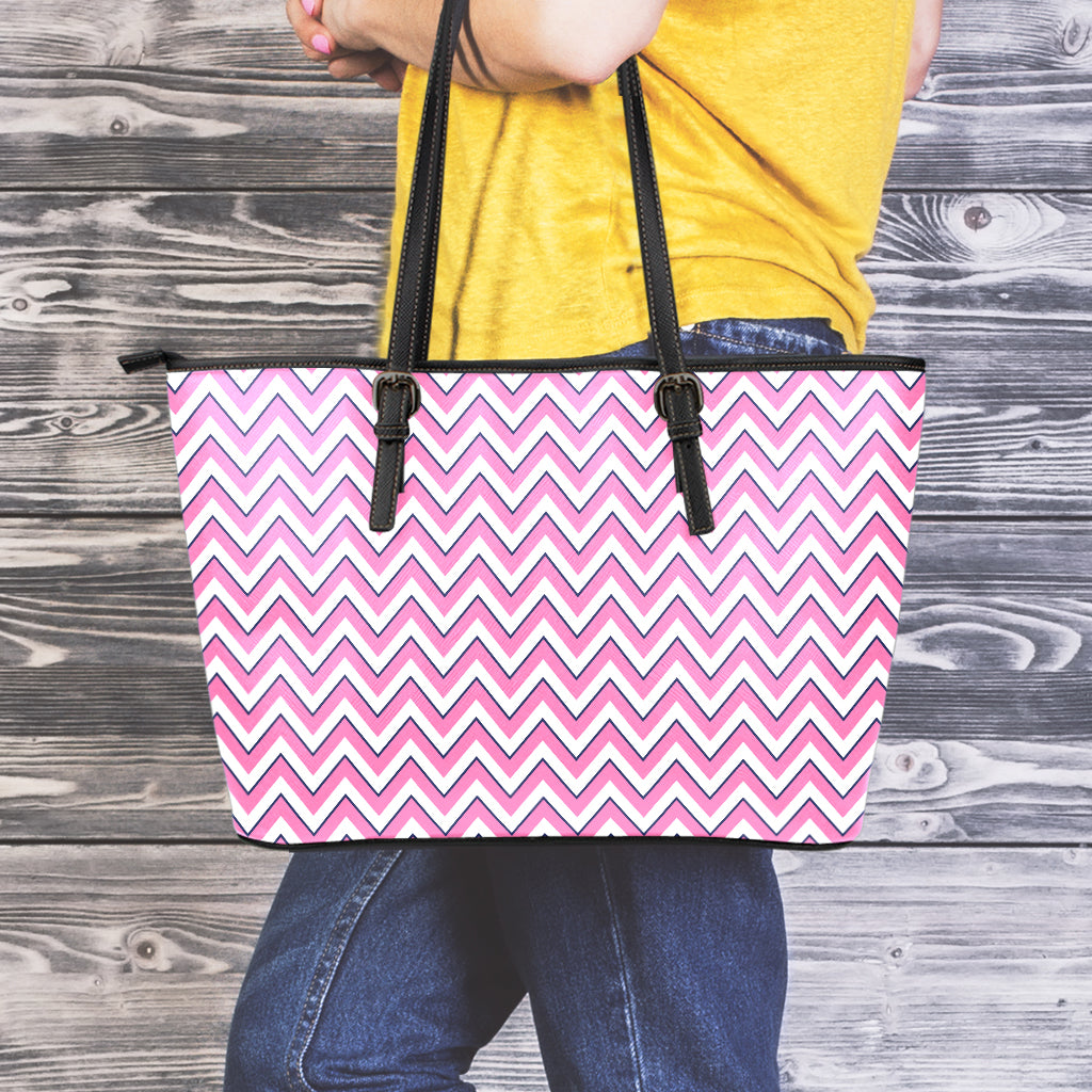 Pink White And Navy Chevron Print Leather Tote Bag