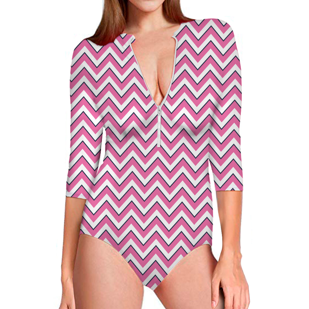 Pink White And Navy Chevron Print Long Sleeve One Piece Swimsuit