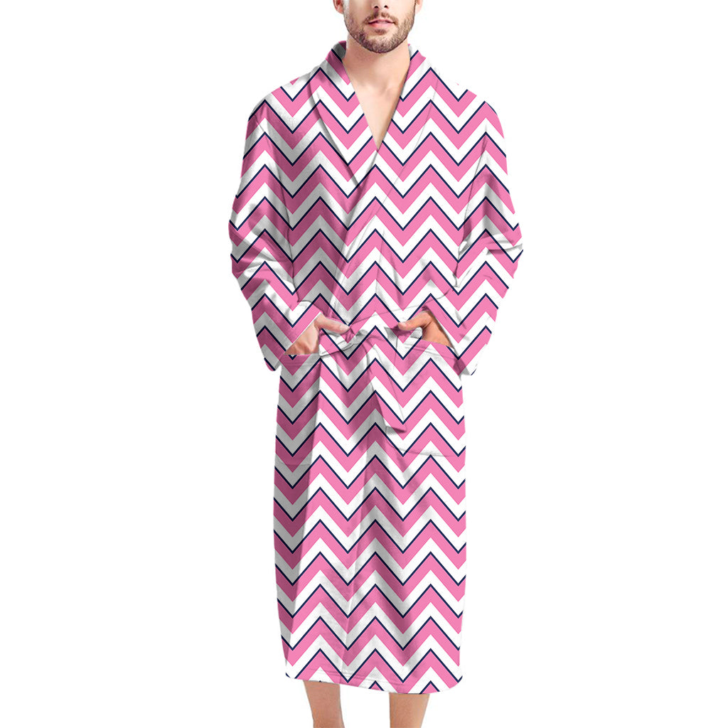 Pink White And Navy Chevron Print Men's Bathrobe