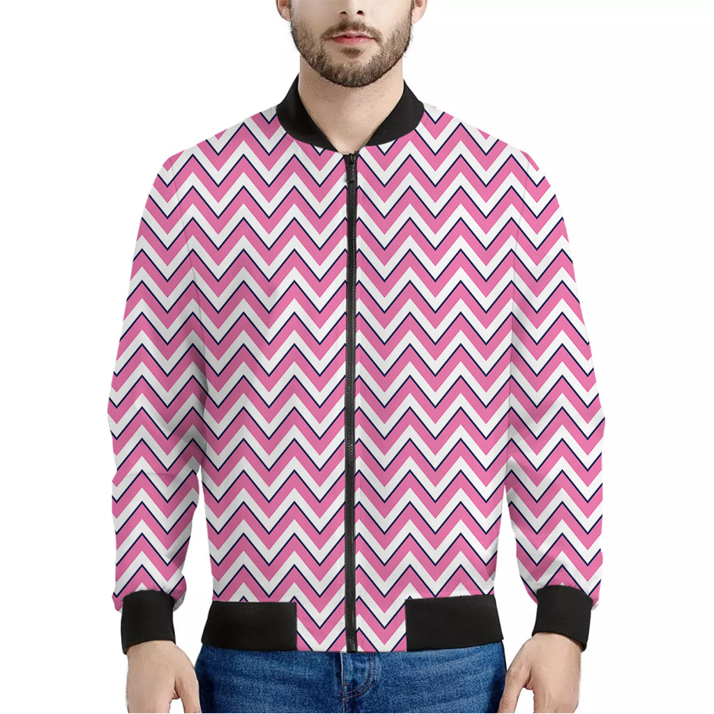 Pink White And Navy Chevron Print Men's Bomber Jacket