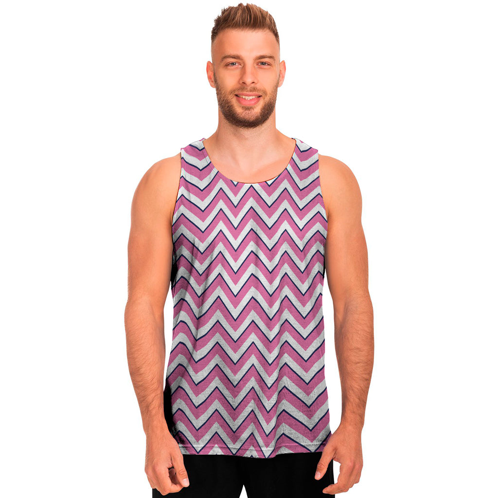 Pink White And Navy Chevron Print Men's Tank Top