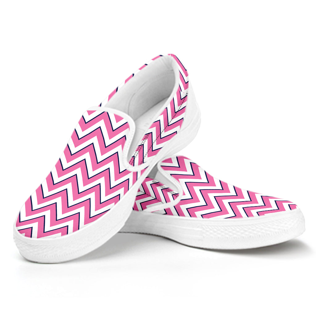 Pink White And Navy Chevron Print White Slip On Shoes