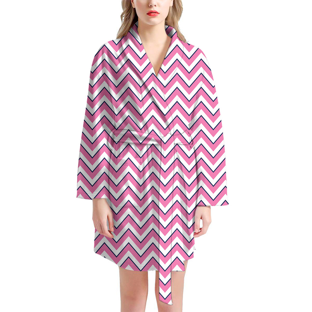 Pink White And Navy Chevron Print Women's Bathrobe