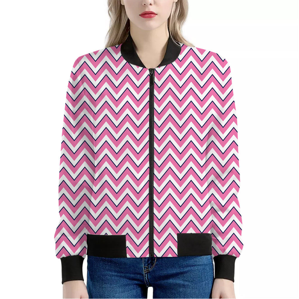 Pink White And Navy Chevron Print Women's Bomber Jacket