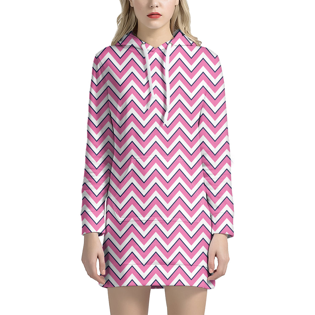 Pink White And Navy Chevron Print Women's Pullover Hoodie Dress