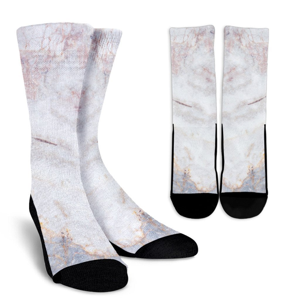 Pink White Grey Marble Print Crew Socks