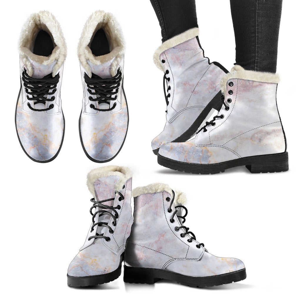 Pink White Grey Marble Print Faux Fur Leather Boots