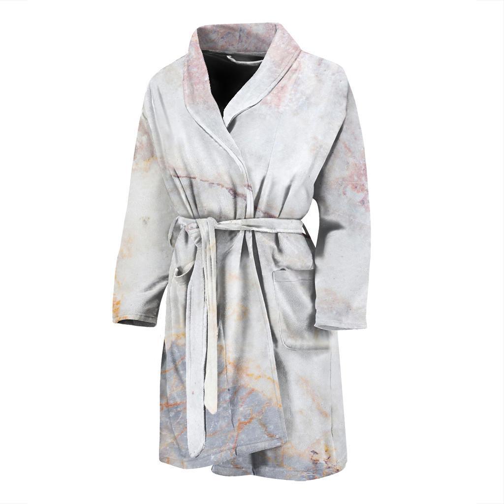 Pink White Grey Marble Print Men's Bathrobe