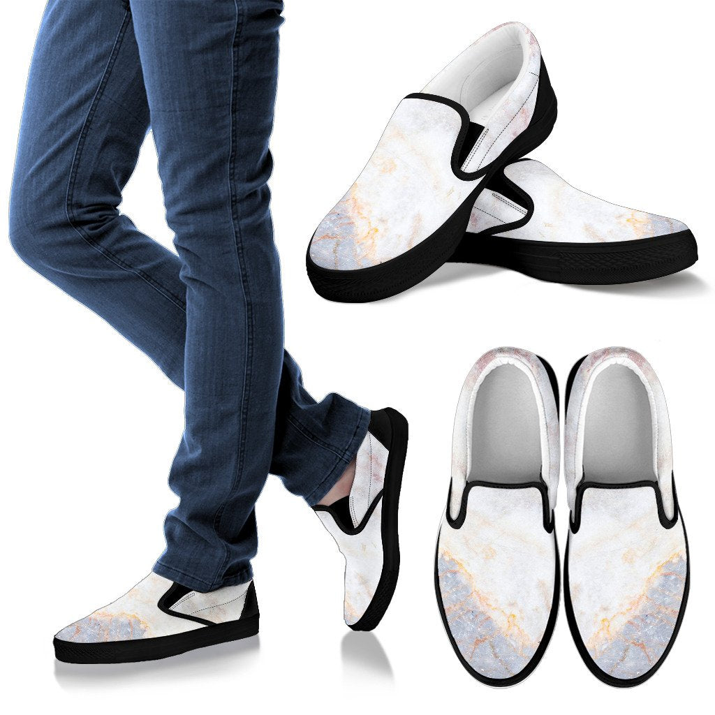 Pink White Grey Marble Print Men's Slip On Shoes