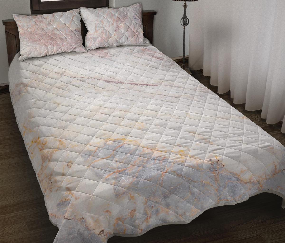 Pink White Grey Marble Print Quilt Bed Set