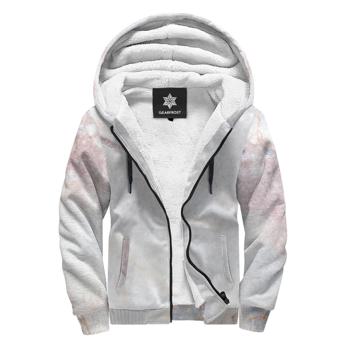 Pink White Grey Marble Print Sherpa Lined Fleece Hoodie