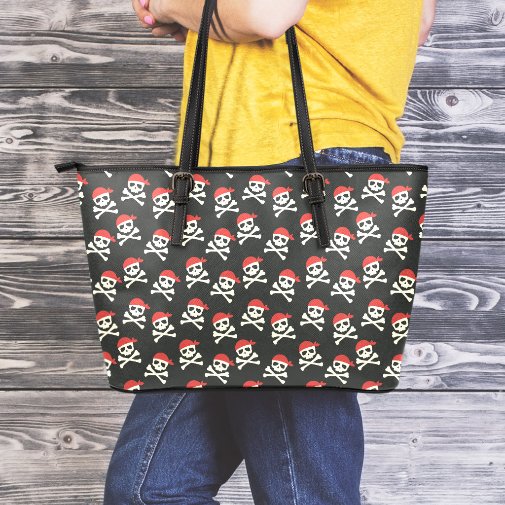 Pirate Skull Crossbones Pattern Print Leather Tote Bag