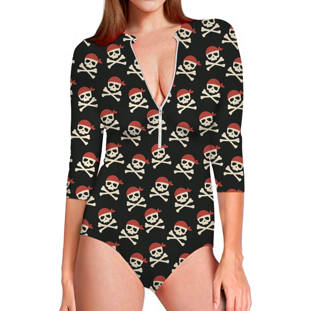 Pirate Skull Crossbones Pattern Print Long Sleeve One Piece Swimsuit