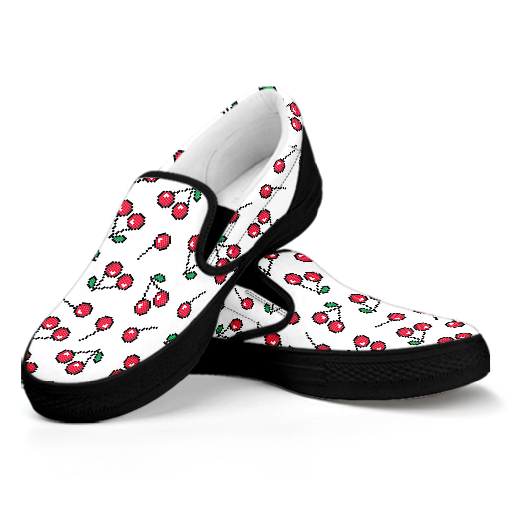 Pixel Cherry Pattern Print Black Slip On Shoes