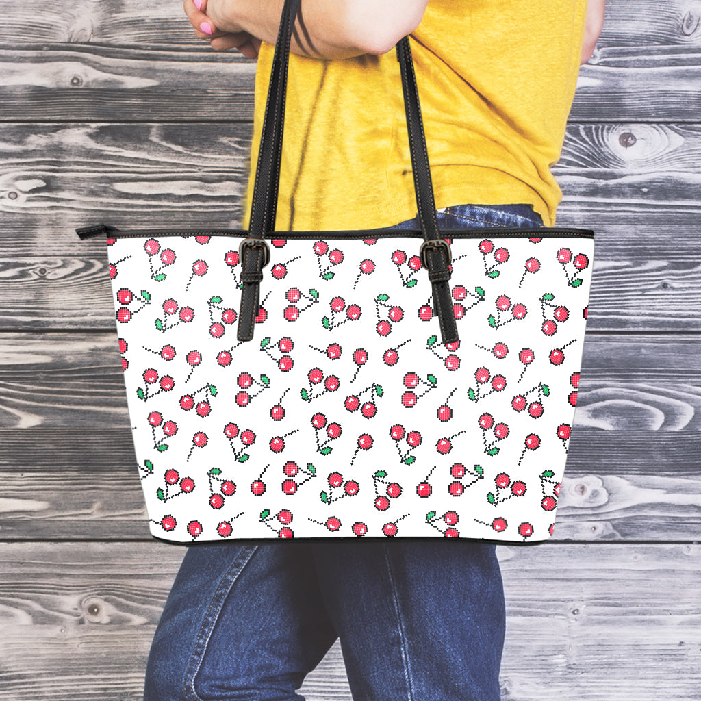 Pixel Cherry Pattern Print Leather Tote Bag