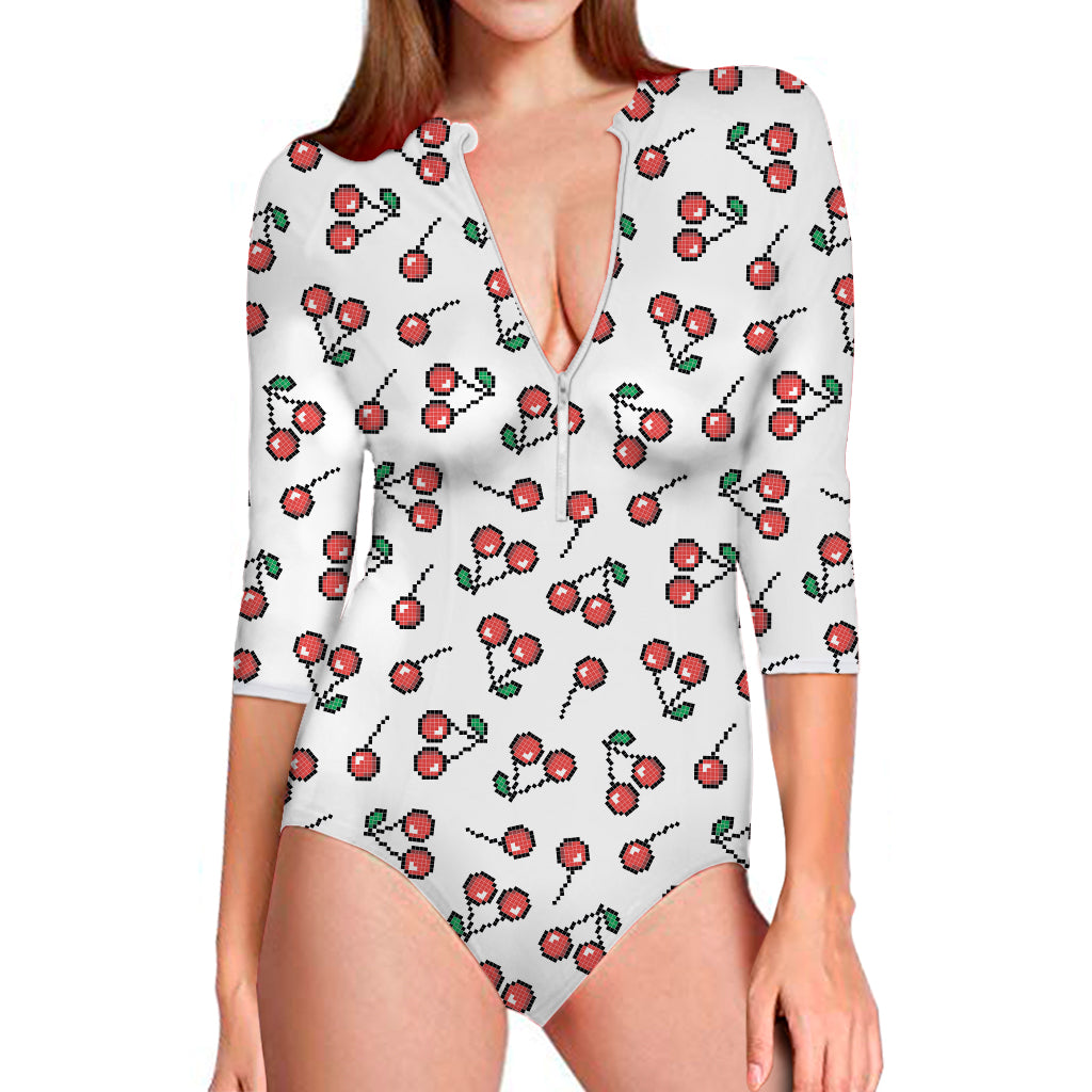 Pixel Cherry Pattern Print Long Sleeve One Piece Swimsuit