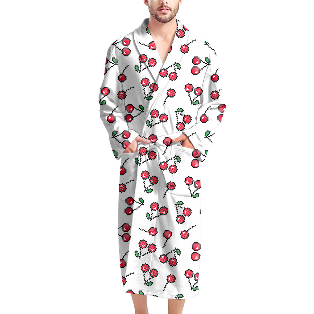 Pixel Cherry Pattern Print Men's Bathrobe