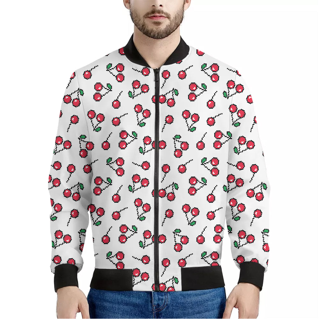 Pixel Cherry Pattern Print Men's Bomber Jacket