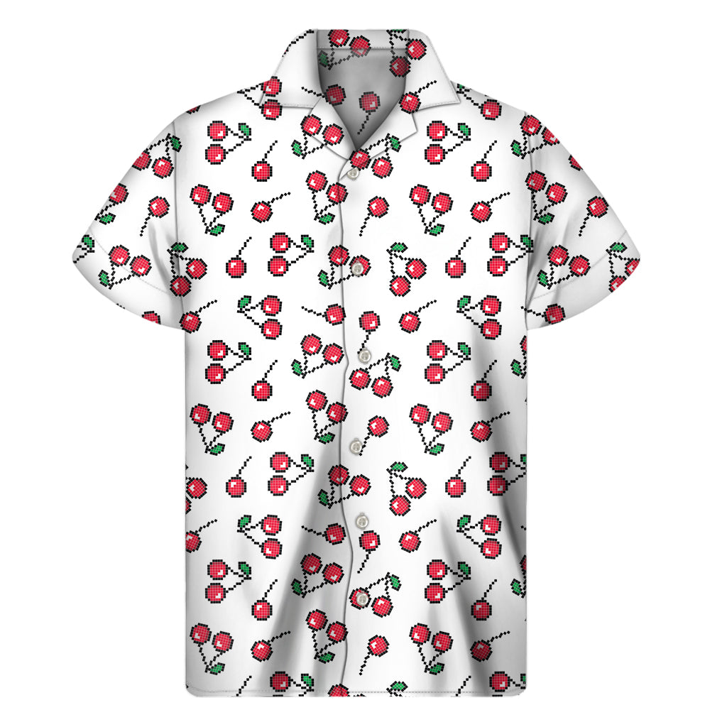 Pixel Cherry Pattern Print Men's Short Sleeve Shirt