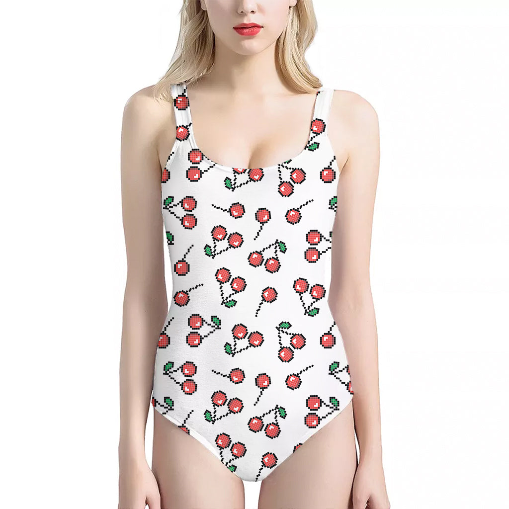 Pixel Cherry Pattern Print One Piece Halter Neck Swimsuit