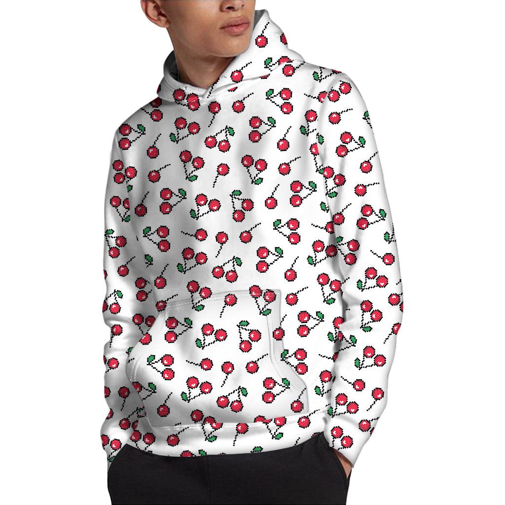 Pixel Cherry Pattern Print Pullover Hoodie