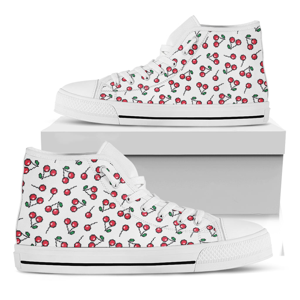 Pixel Cherry Pattern Print White High Top Shoes