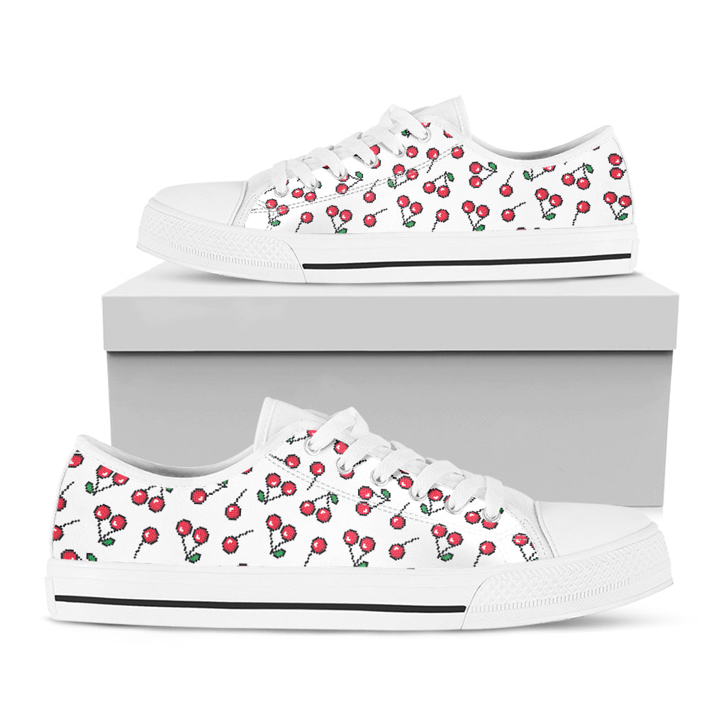 Pixel Cherry Pattern Print White Low Top Shoes