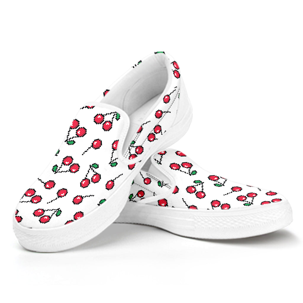 Pixel Cherry Pattern Print White Slip On Shoes