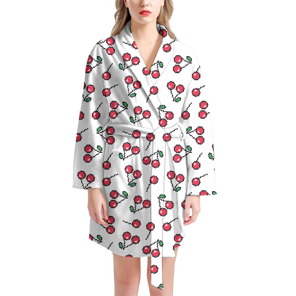 Pixel Cherry Pattern Print Women's Bathrobe