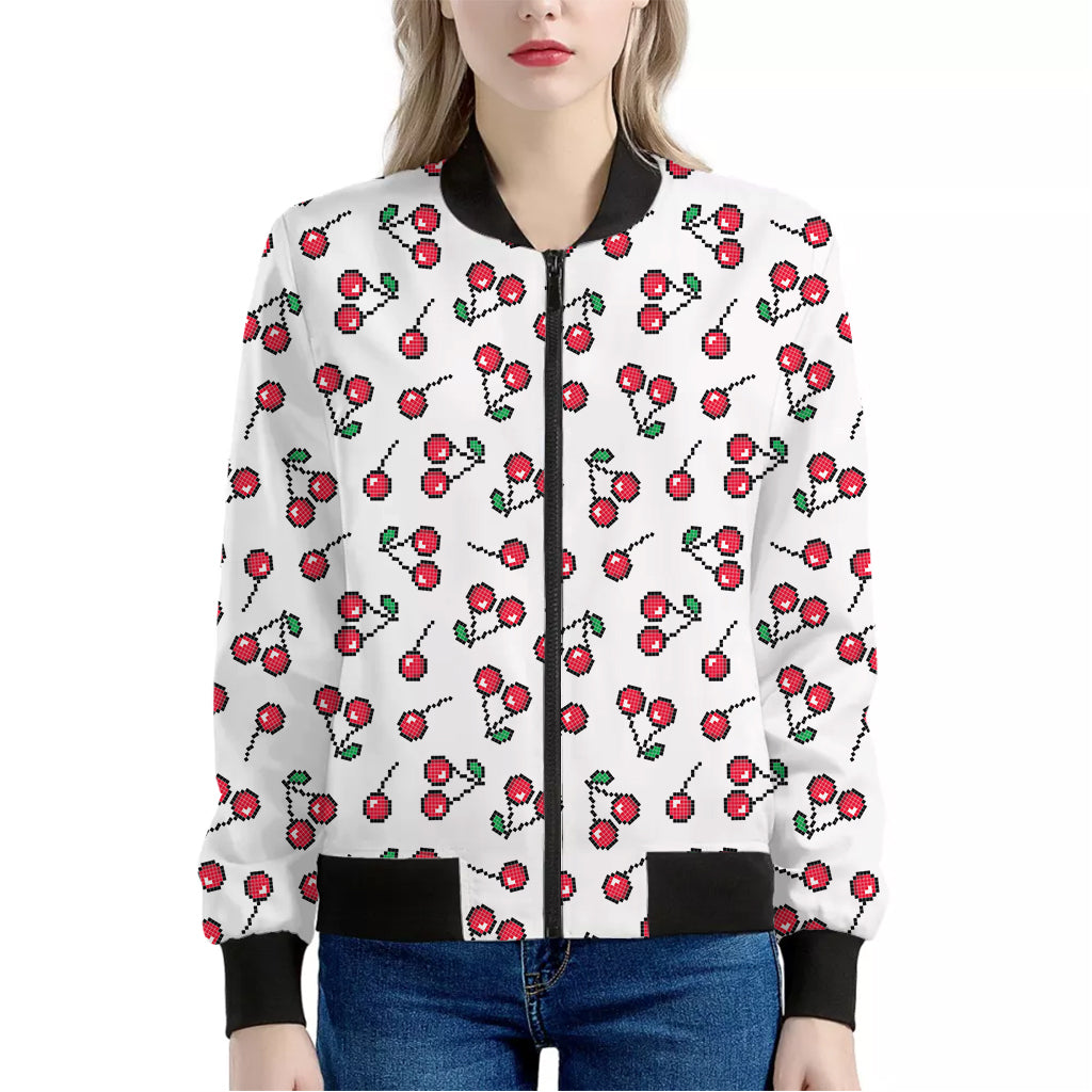 Pixel Cherry Pattern Print Women's Bomber Jacket