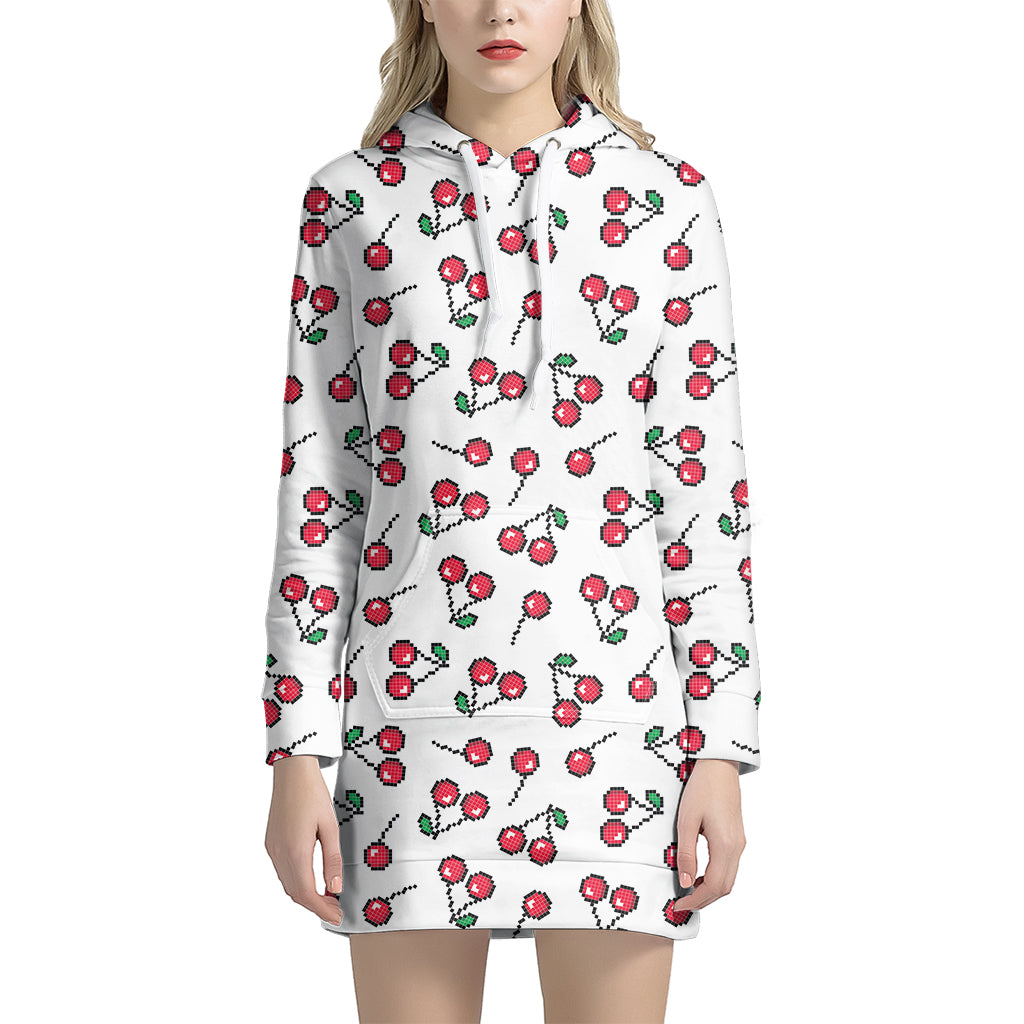 Pixel Cherry Pattern Print Women's Pullover Hoodie Dress