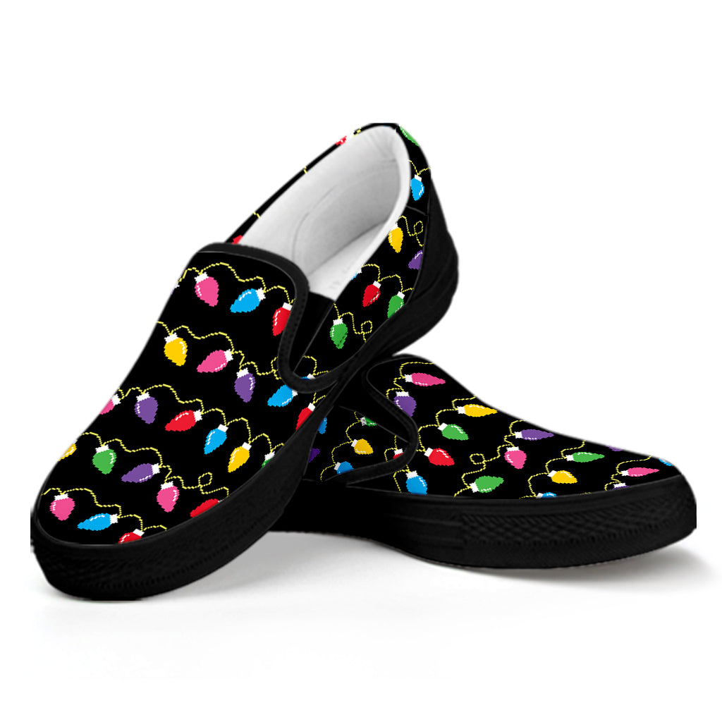 Pixel Christmas Lights Print Black Slip On Shoes