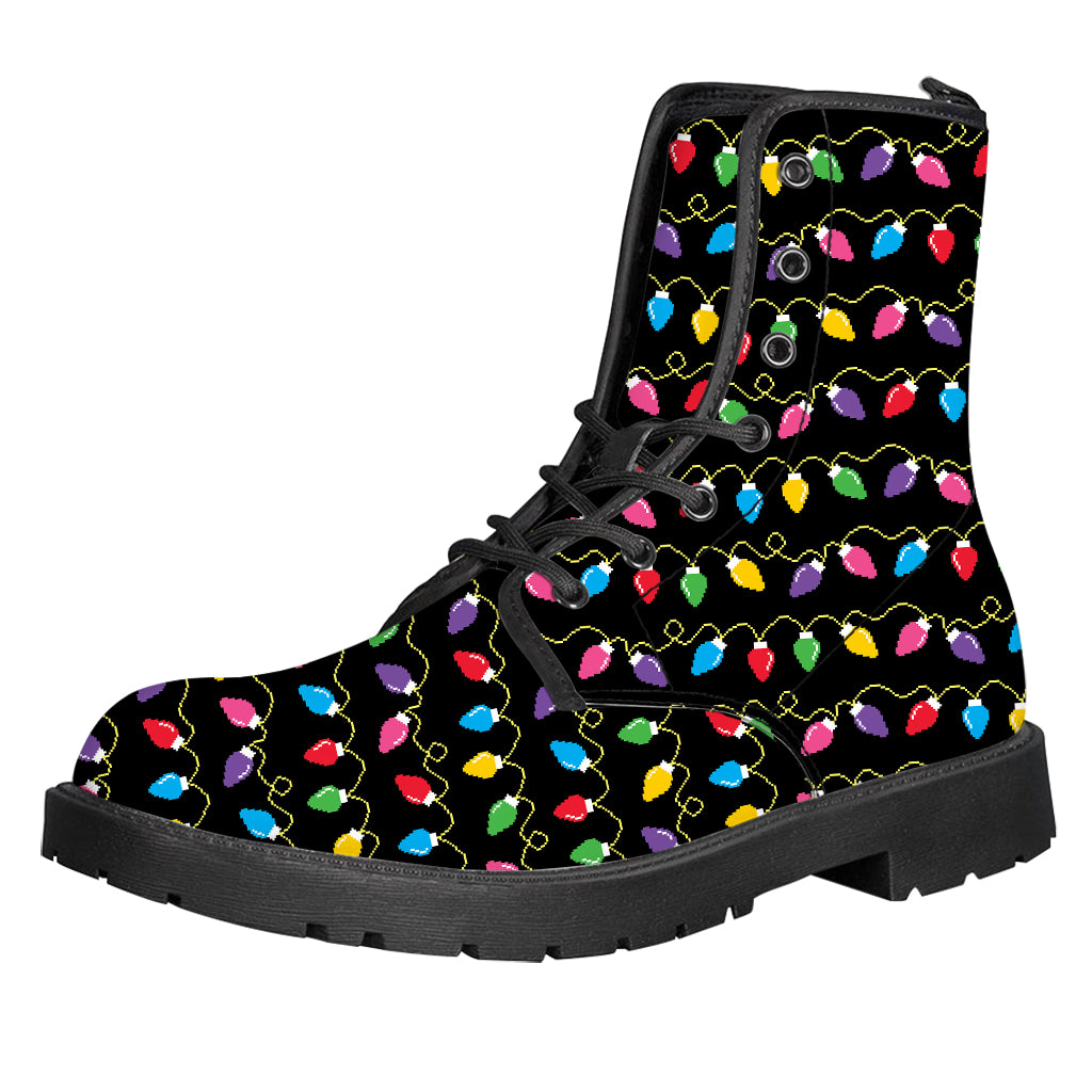 Pixel Christmas Lights Print Leather Boots