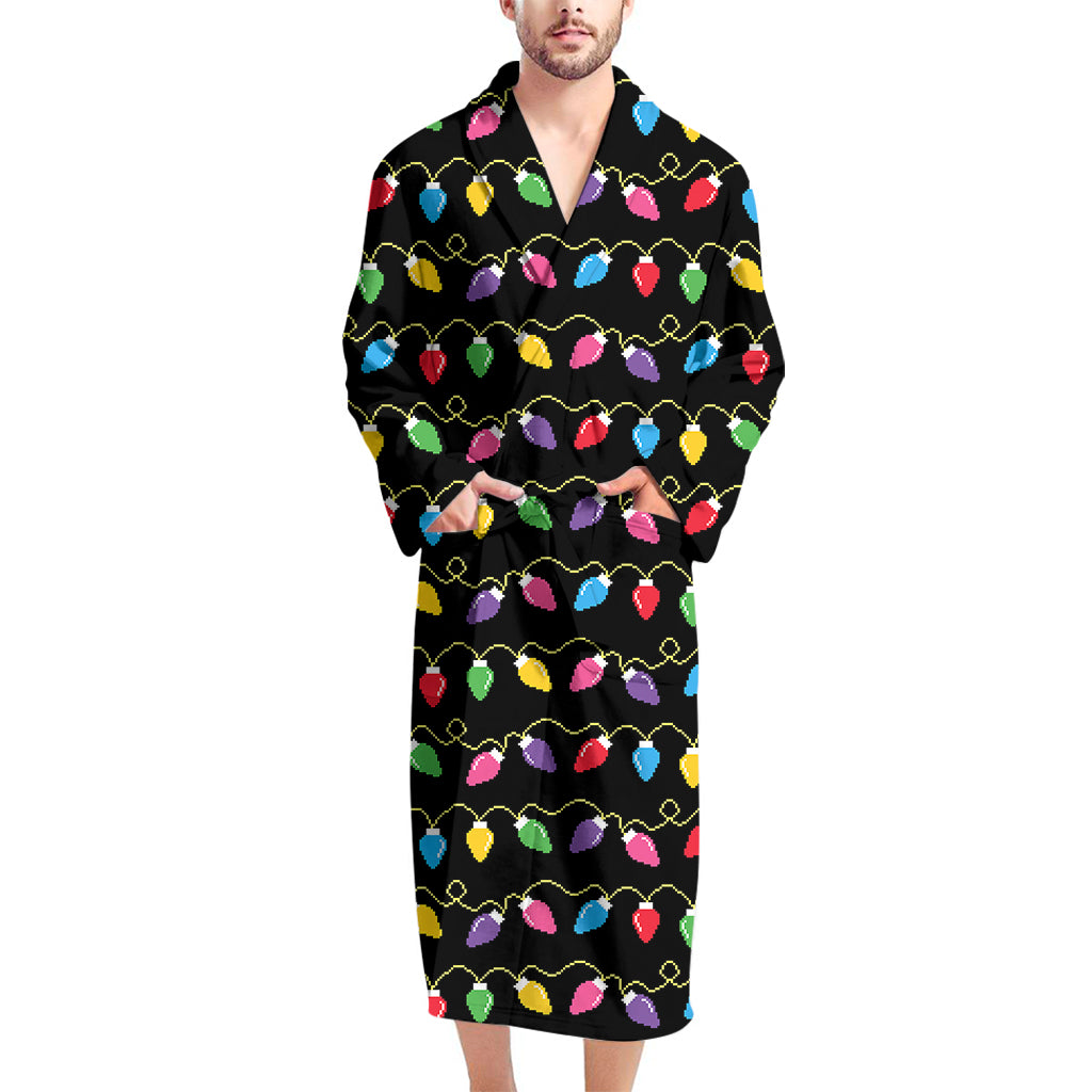 Pixel Christmas Lights Print Men's Bathrobe