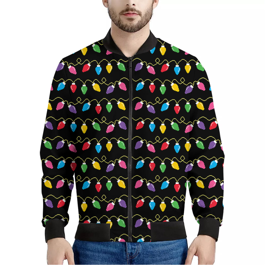 Pixel Christmas Lights Print Men's Bomber Jacket