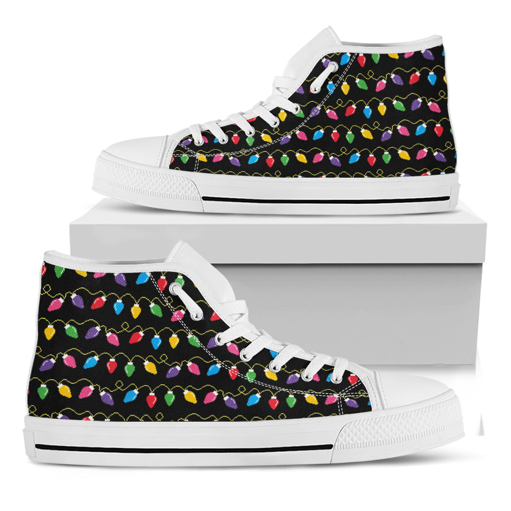 Pixel Christmas Lights Print White High Top Shoes