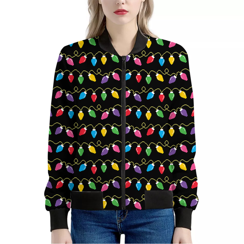 Pixel Christmas Lights Print Women's Bomber Jacket